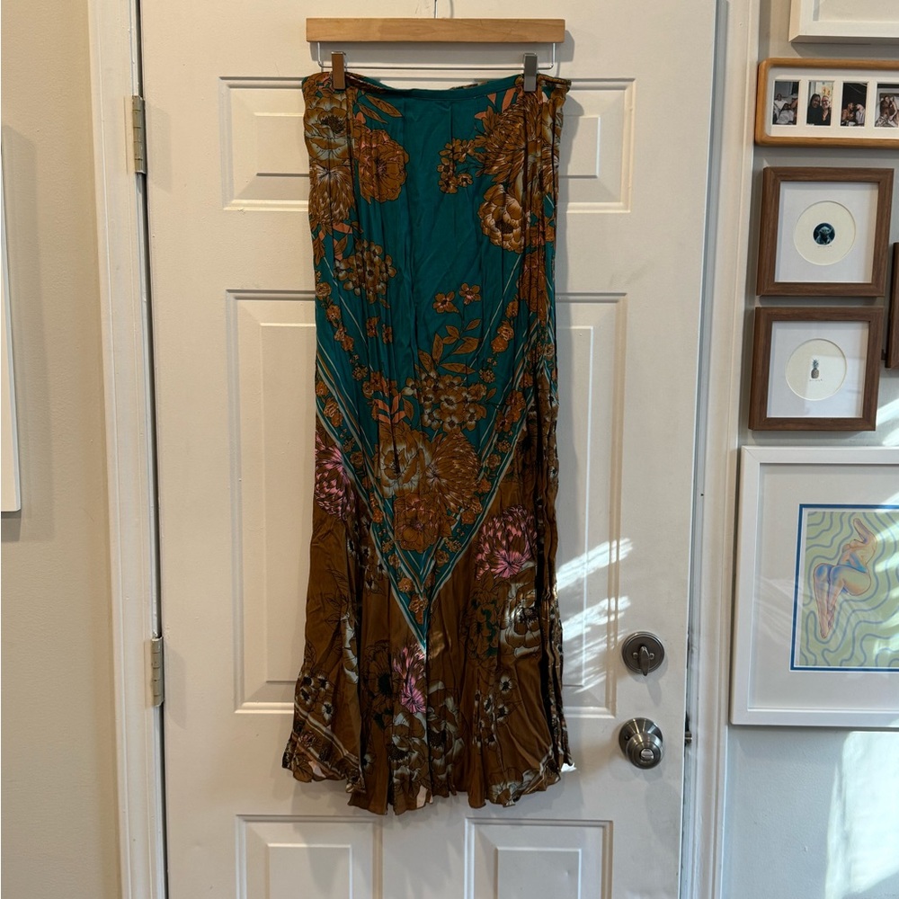 Free People Floral Maxi Skirt in Teal and Brown